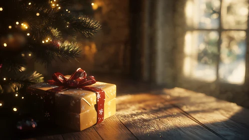 Warm bokeh-lit Christmas gift box under tree in shallow focus