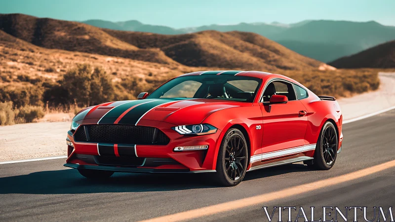 Photorealistic red sports coupe on desert highway perspective.