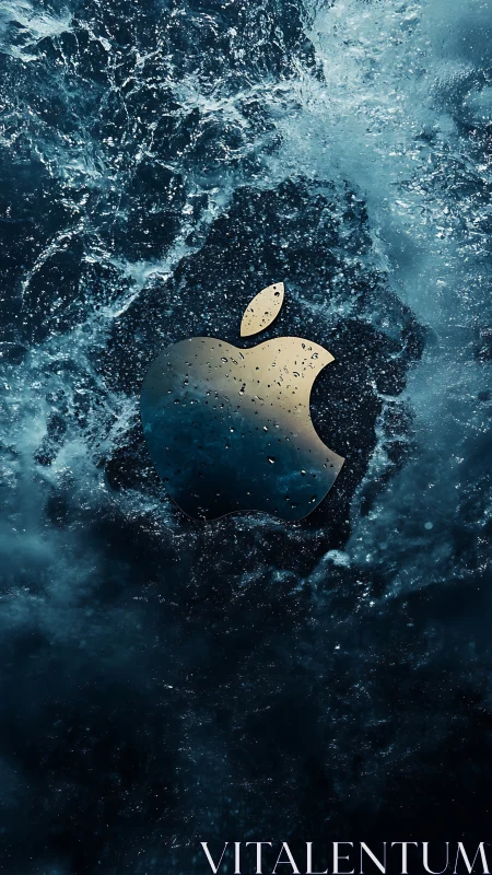 Hydrophobic metallic apple emblem in turbulent aquatic vortex.