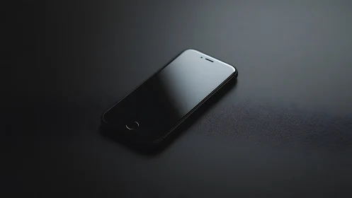 Black smartphone rests on textured surface under directional lighting.