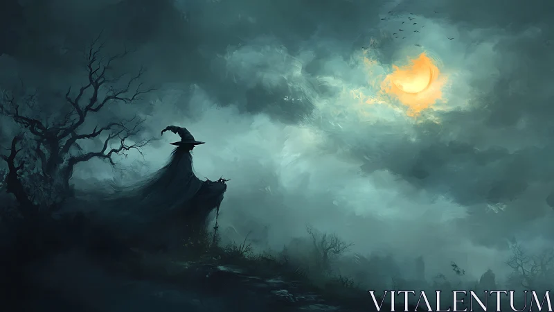 Dark robed figure under eerie moonlit storm sky.