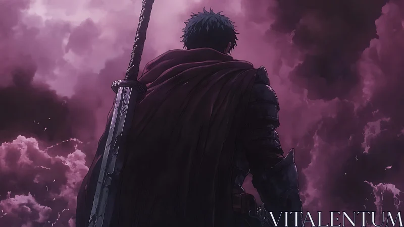 Brooding armored warrior before stormy violet sky.