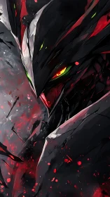 Cybernetic raven mech glares through crimson battle haze