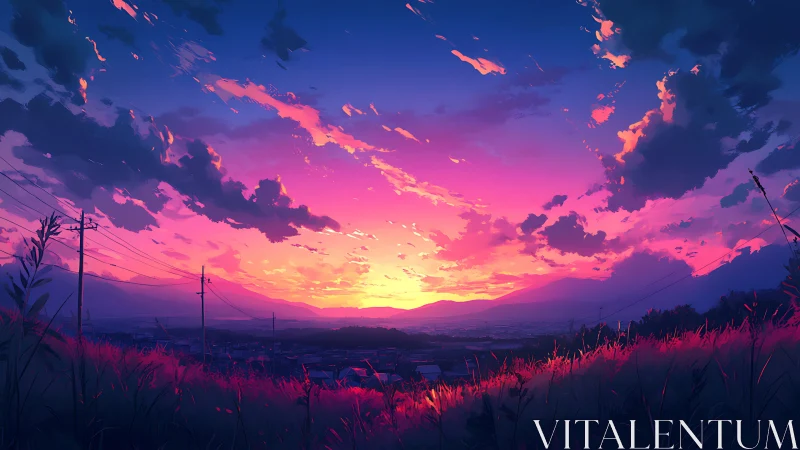 Chromatic twilight over semiurban valley with silhouetted flora.