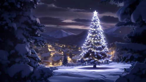 Snow-covered evergreen tree stands illuminated above village