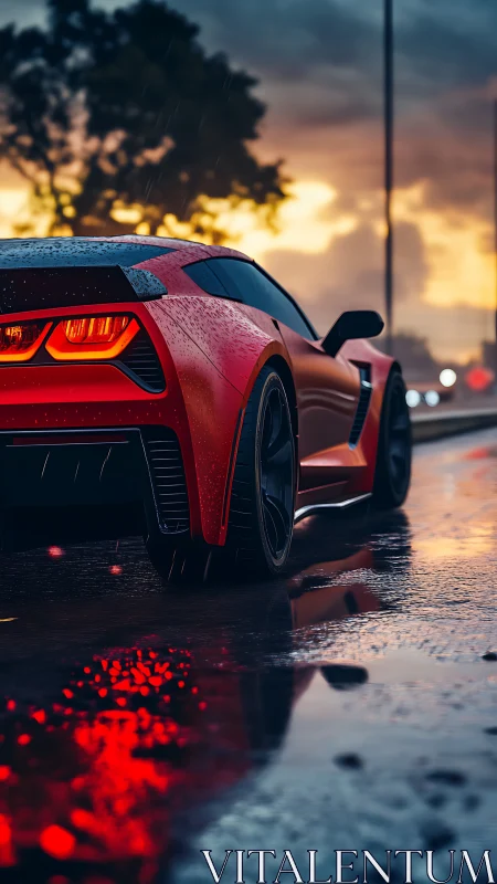 Rear-quarter view of red sports coupe on wet reflective roadway at dusk