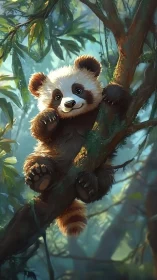 Tree-hugging panda cub adrift in a sunlit forest dreamscape.