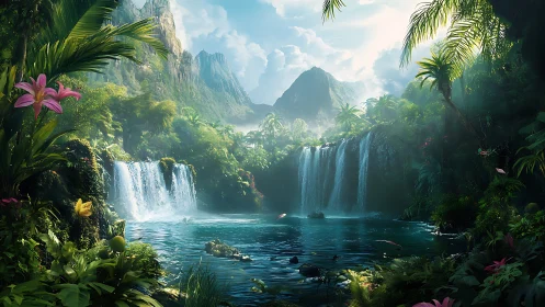 Lush tropical waterfalls beneath luminous misty peaks.