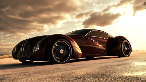 Streamlined retro-futurist coupe under glowing sunset sky.