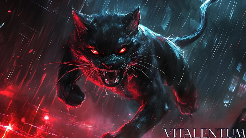 Black feline figure in rain with red illuminated accents.