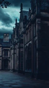 Gothic stone building facade under overcast evening sky.