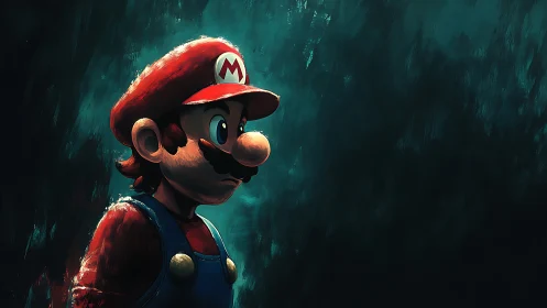 Heroic plumber in moody teal light, quietly determined.