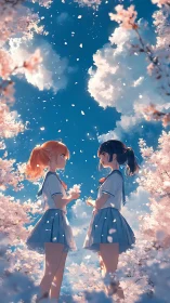 Anime spring vignette of two schoolgirls under sakura canopy.