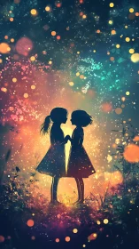 Silhouetted girls holding hands under bokeh twilight sky