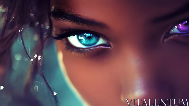 Close frontal view of heterochromatic digital character eyes.