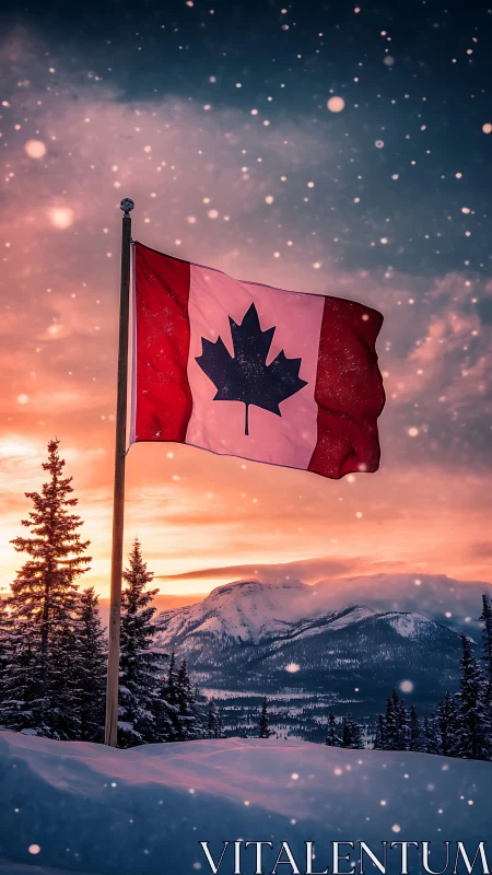 Canadian flag over snowy mountain landscape at sunset.