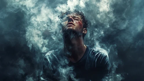 Backlit male figure emerges through volumetric swirling smoke field