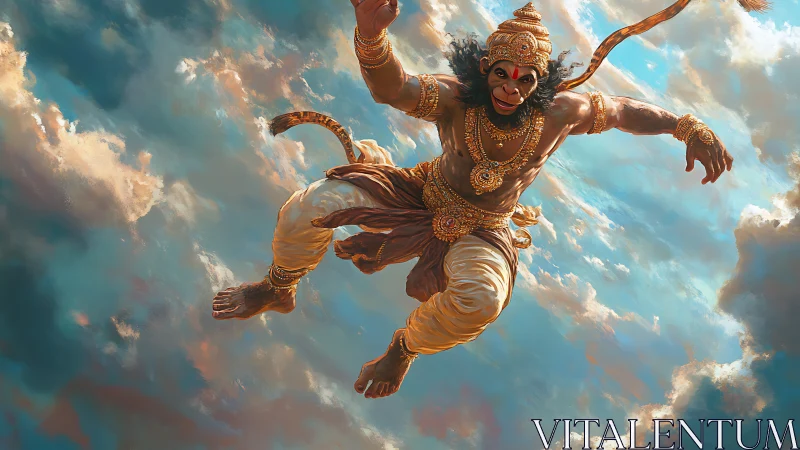 Hanuman soars through luminous clouds in divine armor.