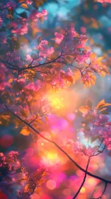 Luminous Blossom Dream: Pink Petals Ablaze in Gilded Bokeh.