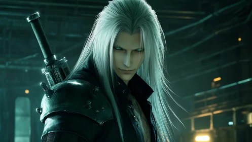 Silver haired swordsman stands poised in a moody neon lair