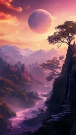 Bioluminescent alien river valley under massive ringless planet