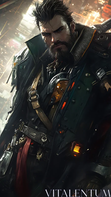 Battle-hardened cyberpunk warrior stands in neon storm