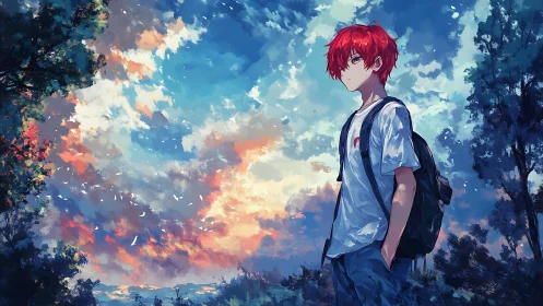 Red haired teen with backpack under expansive sunset sky