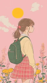 Schoolgirl profile in pink floral field under pastel sun.