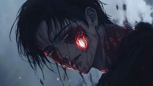 Injured anime man looks down with glowing torn cheek wound