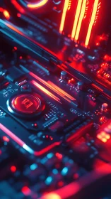 RGB-illuminated gaming motherboard with DDR slots in neon bokeh