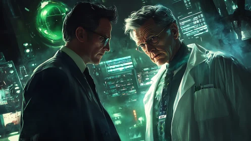 Two older scientists confront each other in neon lab