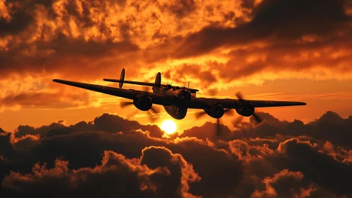 Twin engine propeller aircraft silhouettes against dense sunset cloud