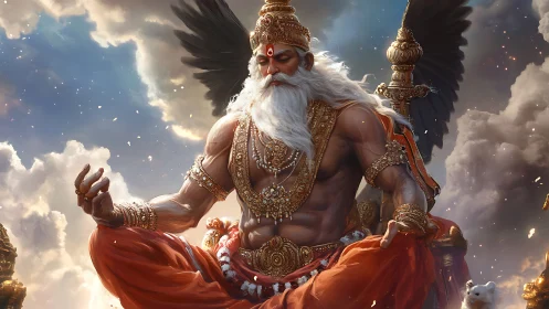 Winged sage in radiant meditation above rolling clouds.