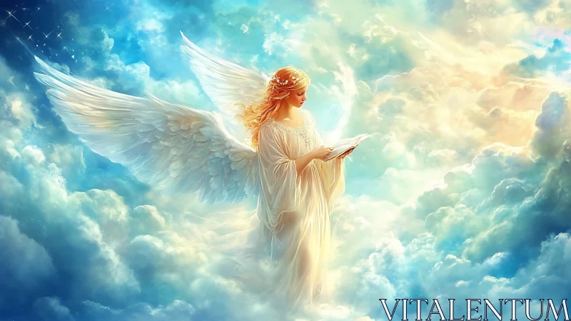 Digital painting of luminous angelic figure in celestial clouds.