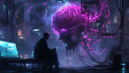 Neon cyber brain confronting lone hacker in dark megacity.