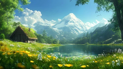 Snow-covered mountain rises beyond reflective alpine lake