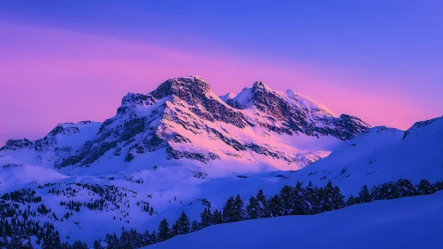 Snow-covered mountain range under vivid pink twilight sky