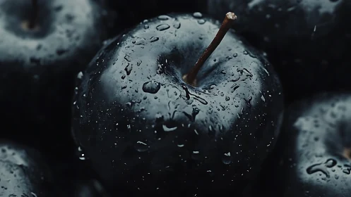 Midnight apples gleam under moody droplets and soft light