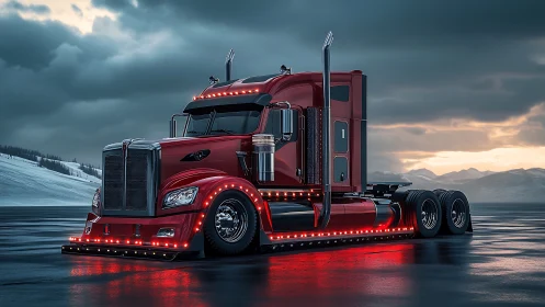 Aerodynamic red semi truck with LED underglow on icy plateau