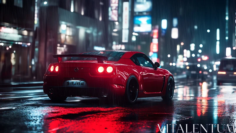 Sleek red sports car glows on a neon‑lit rainy street at night.