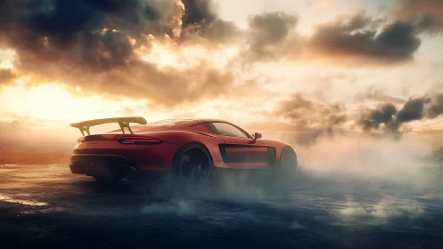 Red sports coupe stands in low-angle, backlit coastal mist
