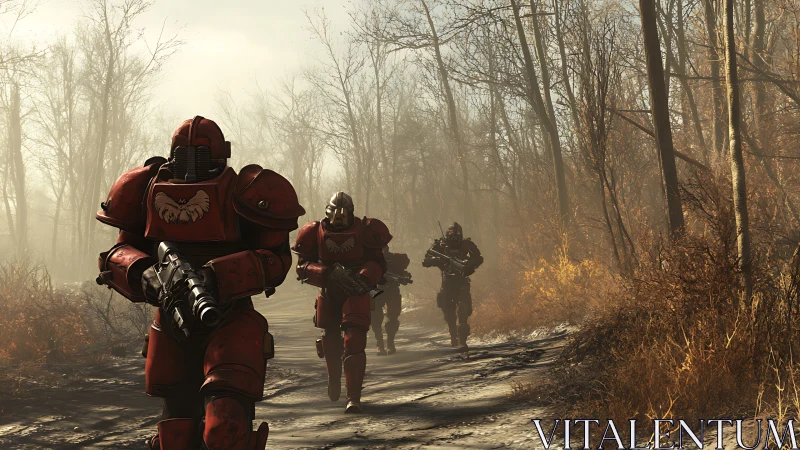 Armored soldiers patrol forest path in dense autumn haze