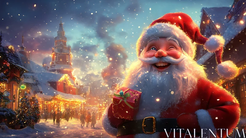 Digital painting of Santa in luminous festive town square.
