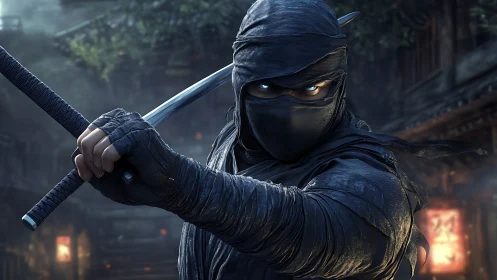 Stealthy midnight ninja poised with gleaming katana blade.