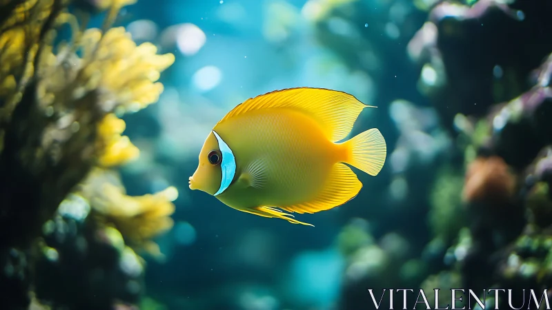 Golden reef fish glides gently through shimmering blue water