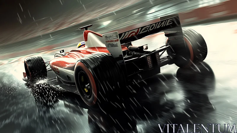 Rain-soaked race car slicing through a glowing night track.