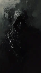 Hooded figure in dark armor emerges from a shadowed void