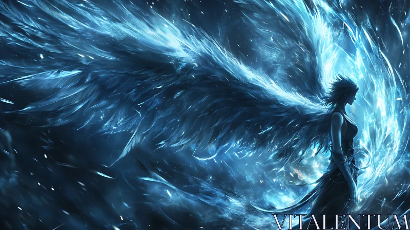 Luminous winged guardian rising from swirling blue starlight.