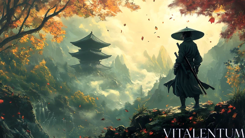Ronin overlooks misty temple valley under autumn light.