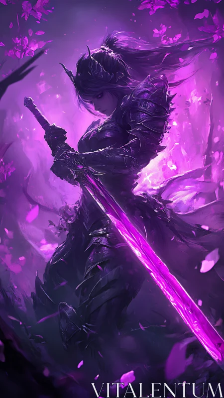 Violet-clad dark knight readies a glowing blade in bloom